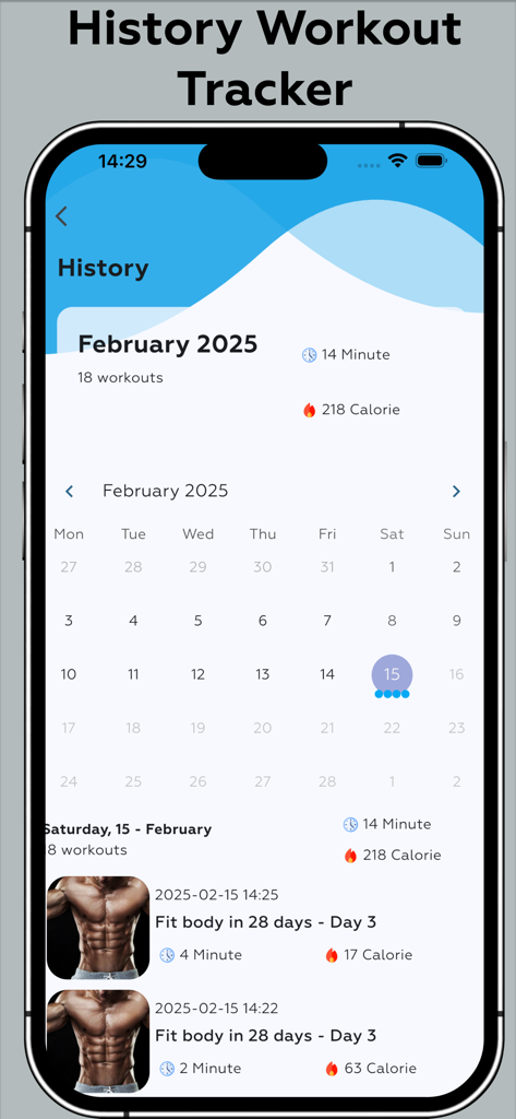 Écran d'historique des entraînements montrant un calendrier avec les journaux d'exercices et les calories brûlées.