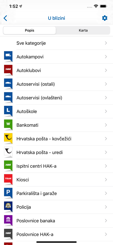 Croatia Traffic Info – HAK - List of nearby points of interest categories in the HAK app including parking and ATMs