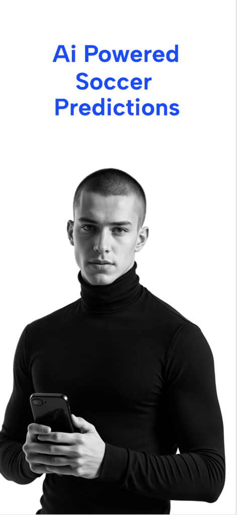 Predictify: Soccer AI - A man holding a smartphone with the text AI Powered Soccer Predictions displayed above him