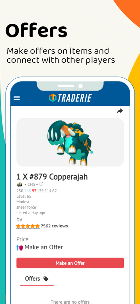 Interface do aplicativo móvel Traderie mostrando um personagem digital listado com um botão para fazer uma oferta de negociação