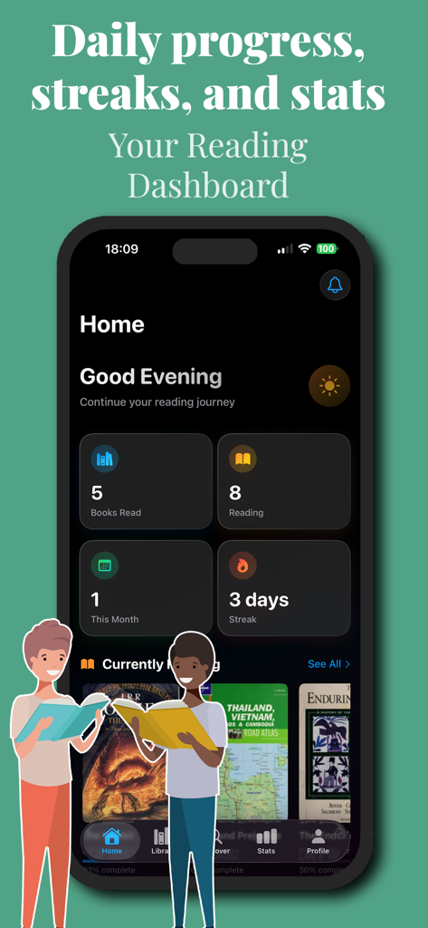 AI Story: Read & Book Tracker - AI Story app home screen showing reading dashboard with daily progress, streaks, and statistics.