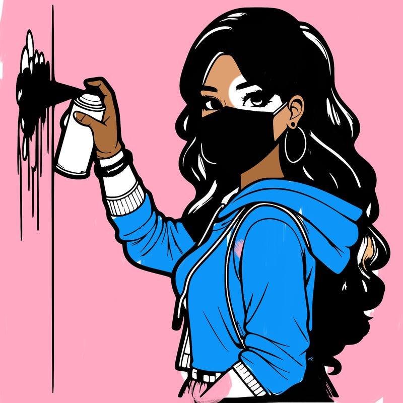 realistic girl with mask spray painting a wall