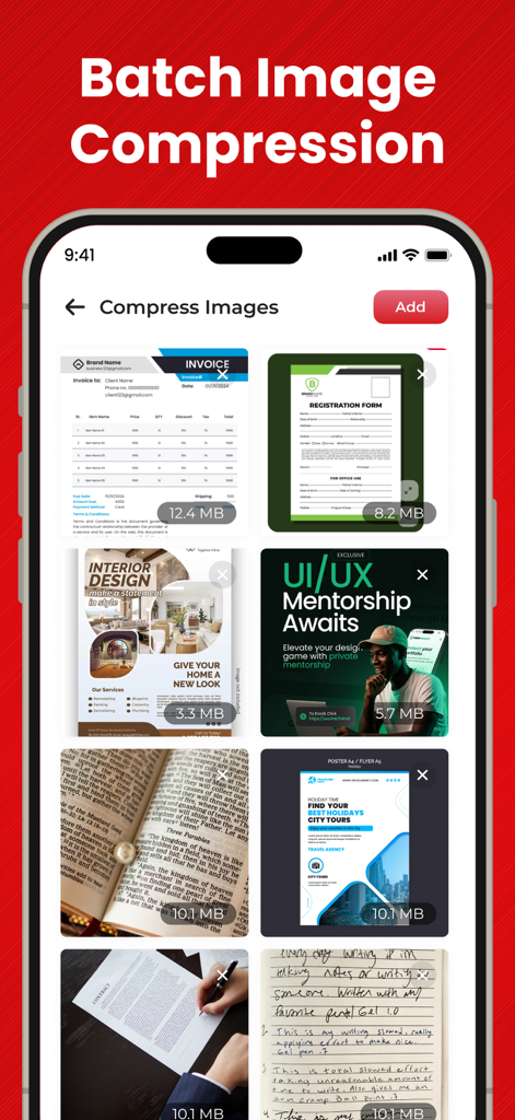 PDF Compressor－Compress PDF - Una pantalla móvil que muestra una función de compresión de imágenes por lotes con una cuadrícula de documentos seleccionados y sus tamaños de archivo originales.