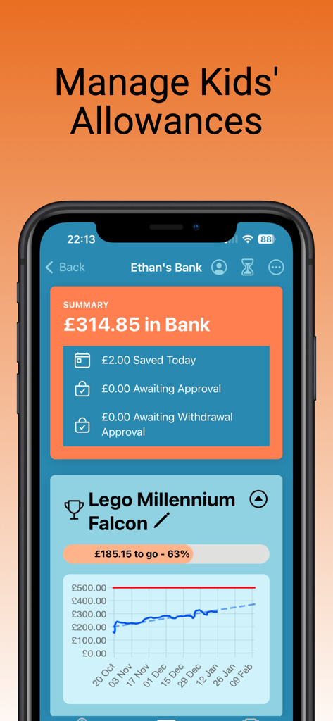 Rewards Kids: Chores & Money - Un smartphone que muestra la cuenta bancaria virtual de un niño con un objetivo de ahorro para un set de Lego y un gráfico de seguimiento de saldo.