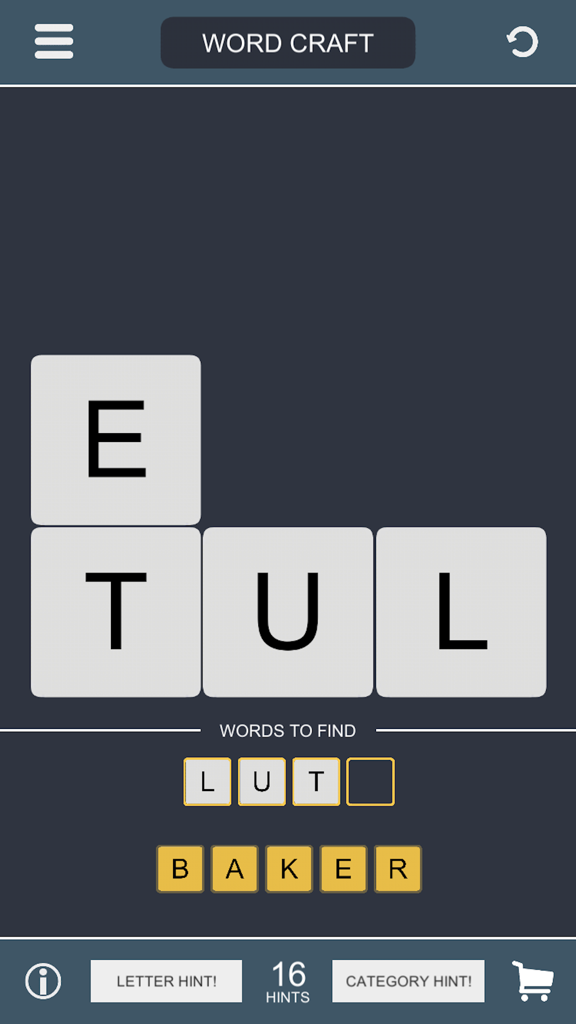 Word Craft - Word Game: Puzzle One’s Brains & Fun - Pantalla de juego de Word Craft que muestra una cuadrícula de letras con la palabra Baker encontrada y fichas para la palabra Lute