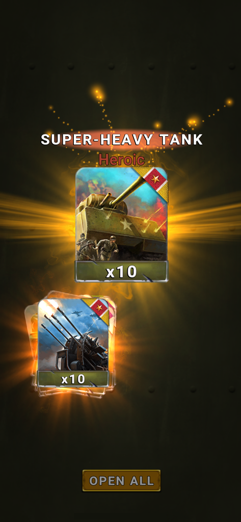 SIEGE: World War II - A screenshot of SIEGE World War II showing a Heroic Super-Heavy Tank card and an anti-aircraft unit card being revealed.