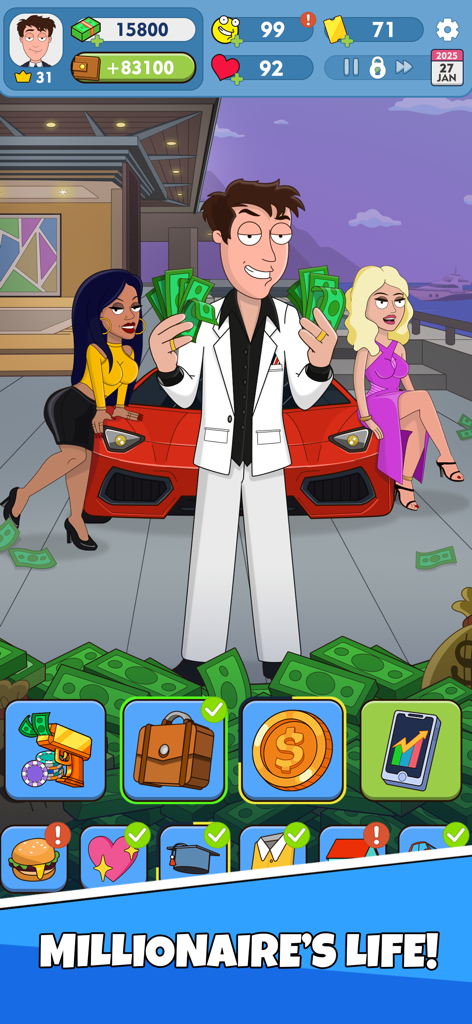 A character in a white suit holding bundles of cash in front of a red luxury sports car with the text Millionaire's Life
