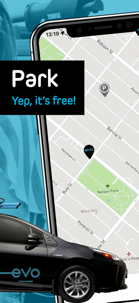 Aplicación móvil Evo Car Share mostrando información y mapa de estacionamiento gratuito