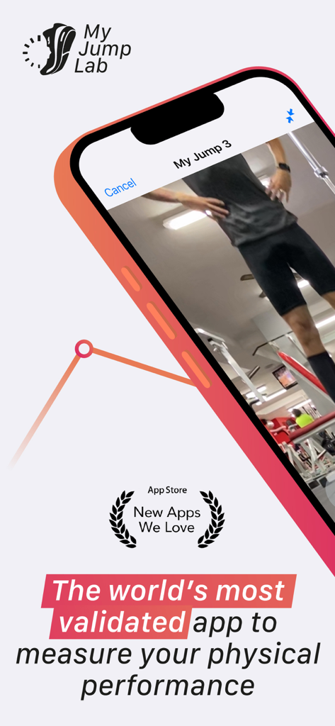 Écran de smartphone affichant l'application My Jump Lab pour mesurer la performance physique avec un badge d'approbation de l'App Store