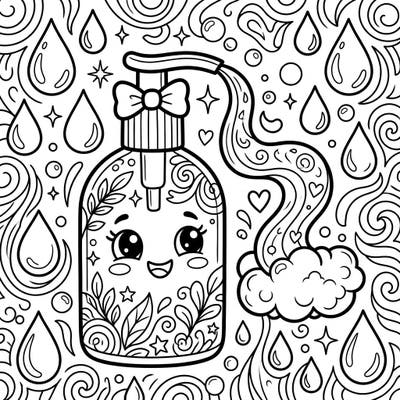 Bring this delightful moisturizer bottle to life with your favorite colors! This charming coloring page features an adorable, friendly bottle surrounded by playful water droplets, perfect for young artists.