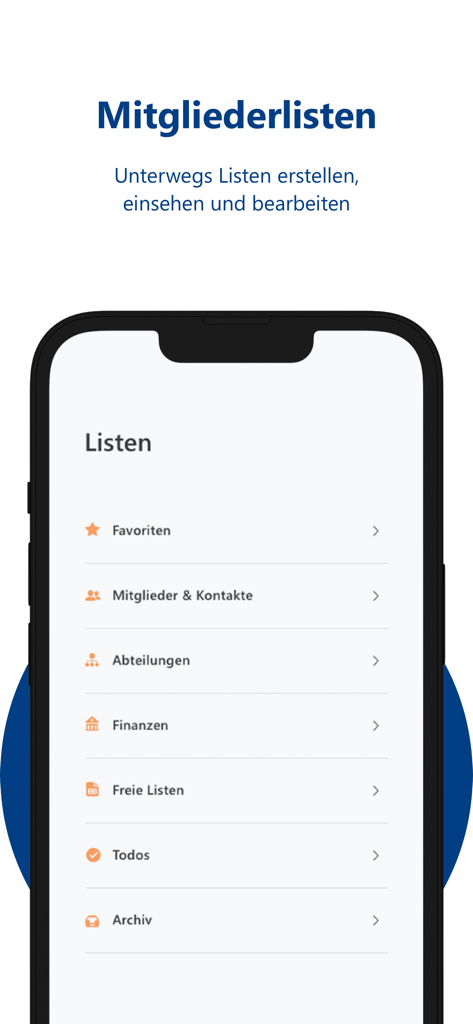 WISO MeinVerein App-Oberfläche mit einem Menü für Mitgliederlisten und Organisationskategorien
