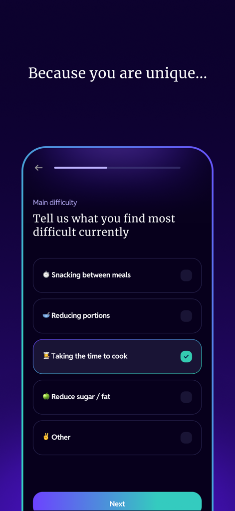Kure: Healing Hypnosis - A personalization screen in the Kure hypnosis app asking users to select their main challenge from options like snacking between meals and reducing sugar.