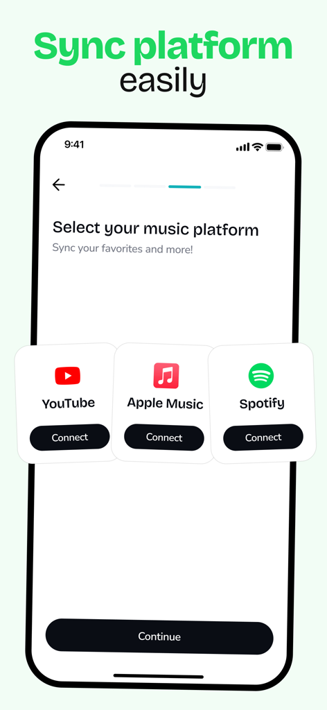 makromusic Dating for Spotify - A mobile screen from the makromusic app showing options to connect YouTube, Apple Music, and Spotify accounts.