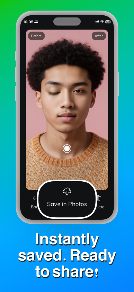 Open Eyes: AI Face Editor - A before and after comparison of the Open Eyes AI face editor app opening closed eyes in a portrait photo