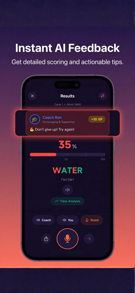 Roast My Accent app showing instant AI feedback and pronunciation scoring for the word water.
