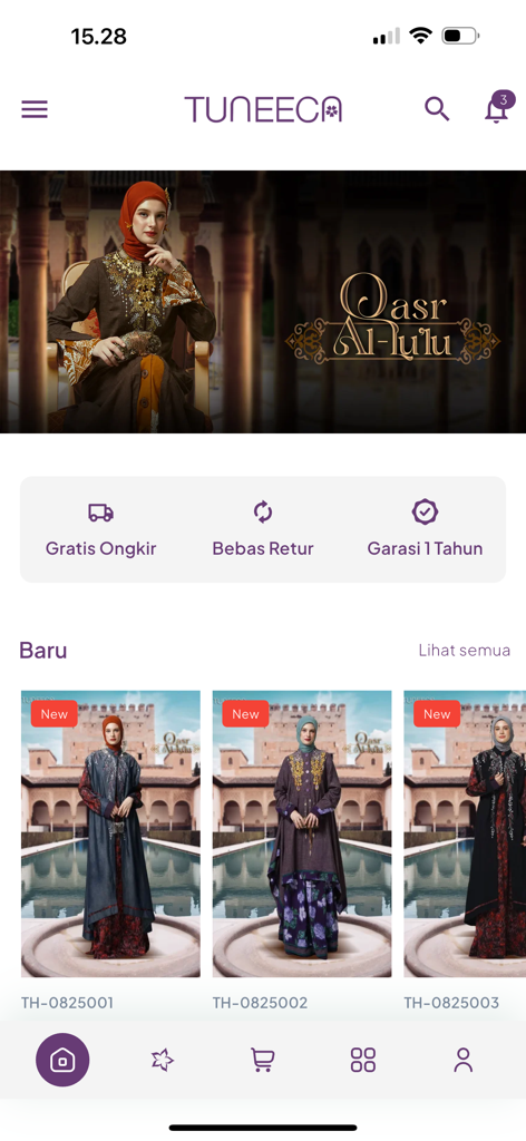 Tuneeca - Home screen of the Tuneeca mobile app showing modern ethnic and modest fashion collections for women.