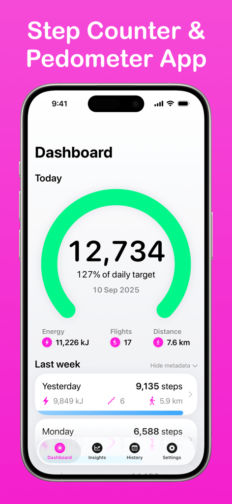 Daily Steps: Step Counter - Daily Steps app dashboard showing step counter progress ring and activity metrics