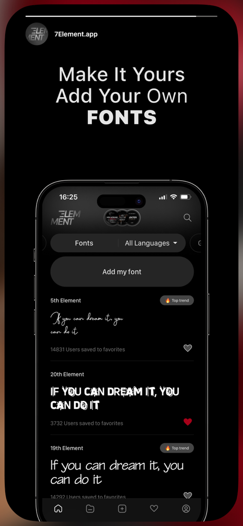7Element: Fonts, Stickers, Sub - Interface of the 7Element app showing a library of aesthetic fonts and a button to upload custom fonts.