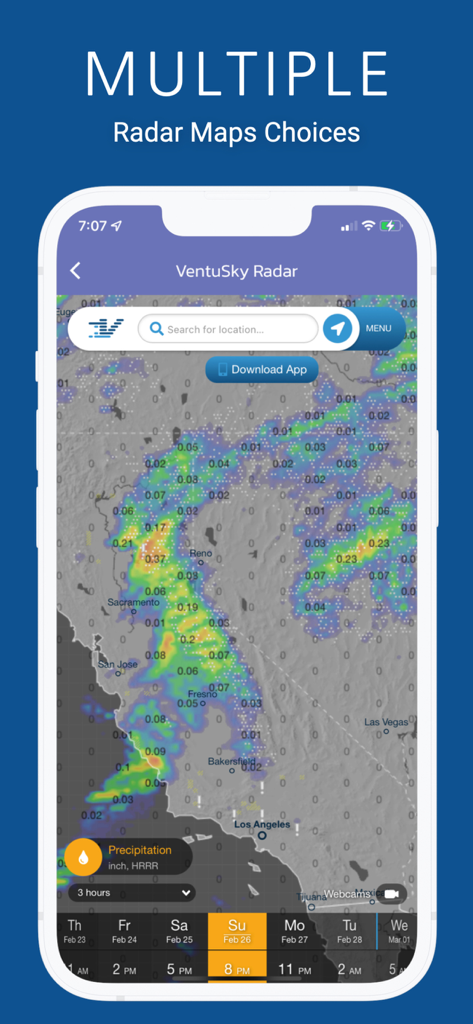 Weather Alerts Ultimate - Interface of Weather Alerts Ultimate showing multiple radar map choices with precipitation data