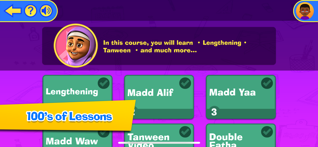 Ali and Sumaya: School - Interface mostrando centenas de aulas islâmicas interativas para crianças