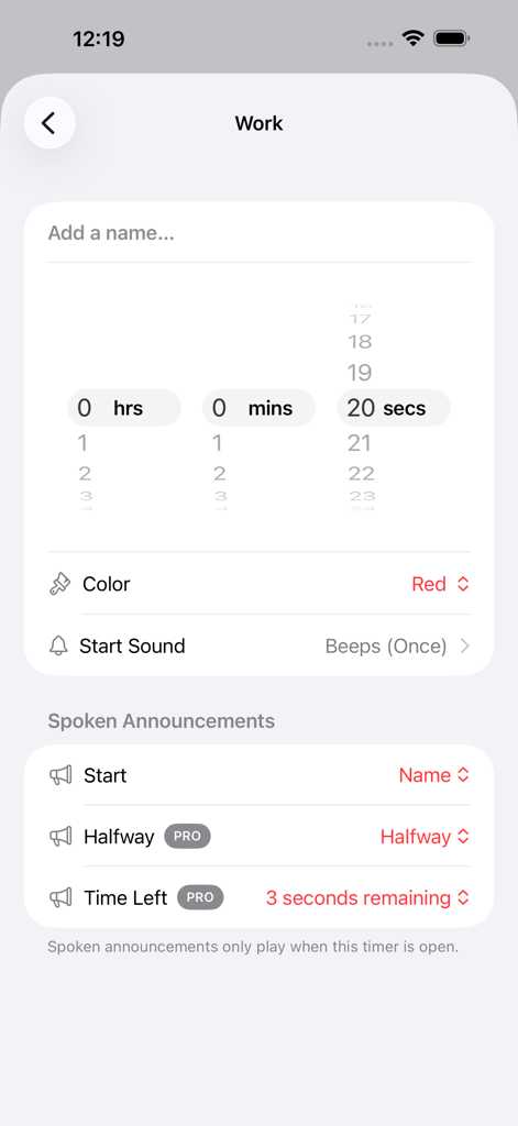 Pantalla de configuración en Timer+ mostrando un temporizador de trabajo personalizado con una duración de 20 segundos y opciones de anuncio hablado.