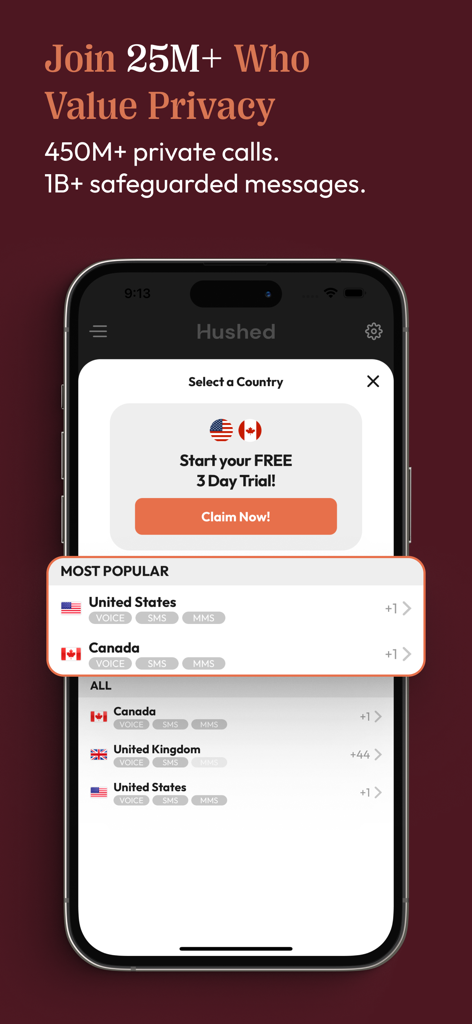 Hushed app screen displaying country selection for a second phone number with a three day free trial offer