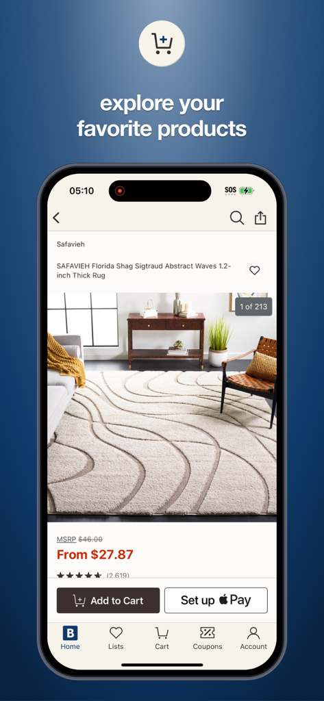 Bed Bath & Beyond - Bed Bath and Beyond mobile app product page showing a Safavieh shag rug with pricing and add to cart options