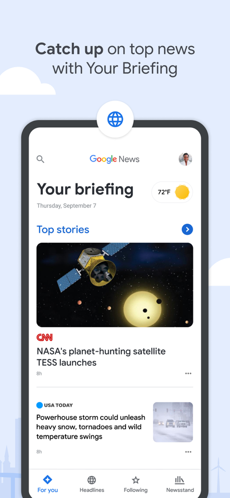 Google News app interface showing the Your Briefing section with top headlines and weather.
