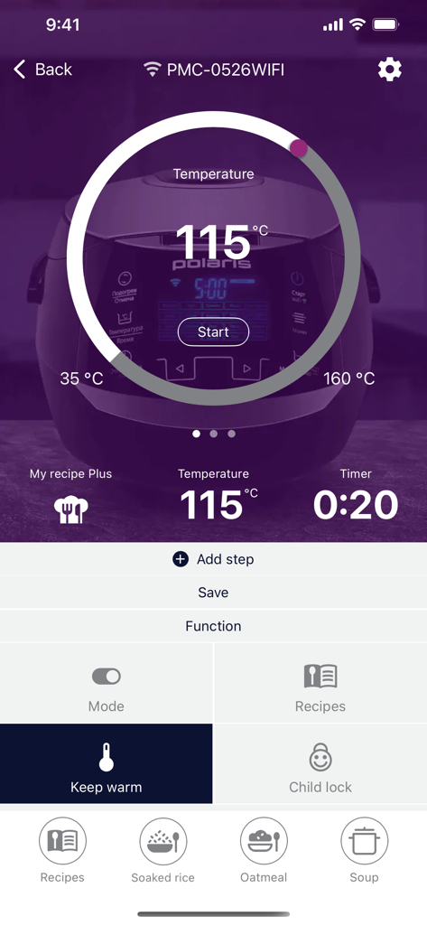POLARIS IQ Home app interface for controlling a smart multicooker showing temperature and timer settings