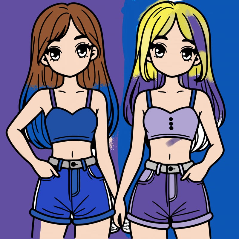 two sisters with crop tops and jean shorts and straight hair
