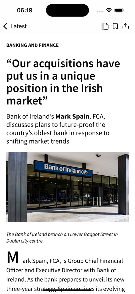 Accountancy Ireland - Accountancy Ireland app showing a banking and finance news article featuring an interview with Bank of Ireland executives