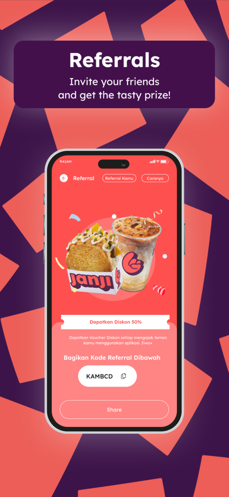 JIWA+ by Kopi Janji Jiwa - JIWA+ app referral page showing a coffee drink and toast with a discount code and share button