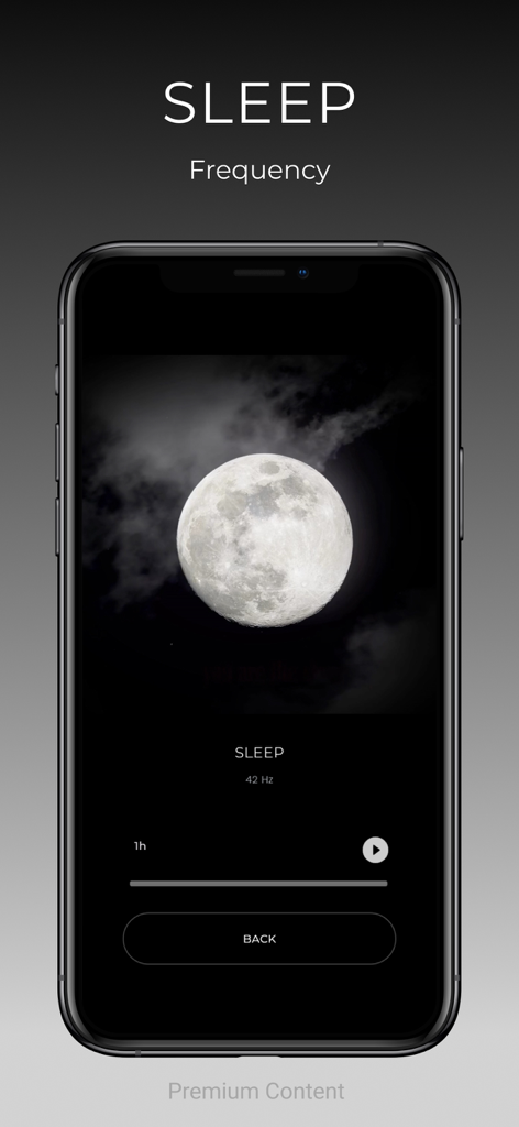 Lamda Hz: Frequency Portal - Lamda Hzモバイルアプリの睡眠周波数画面。満月のようなビジュアルと42Hzオーディオプログラムが表示されています。