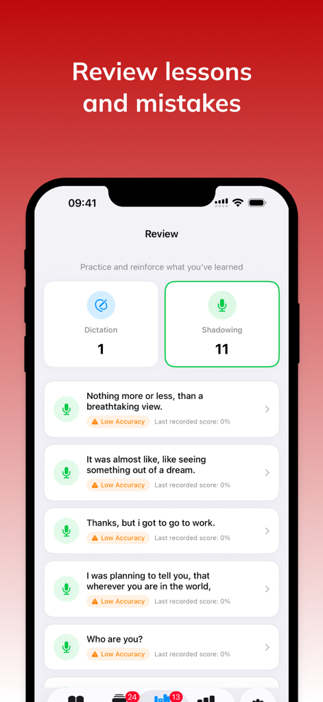 Review screen in the Parroto app showing a list of English sentences for shadowing and dictation practice with accuracy scores