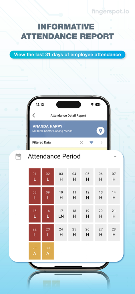 Screenshot of Fingerspot app showing a detailed monthly employee attendance report calendar