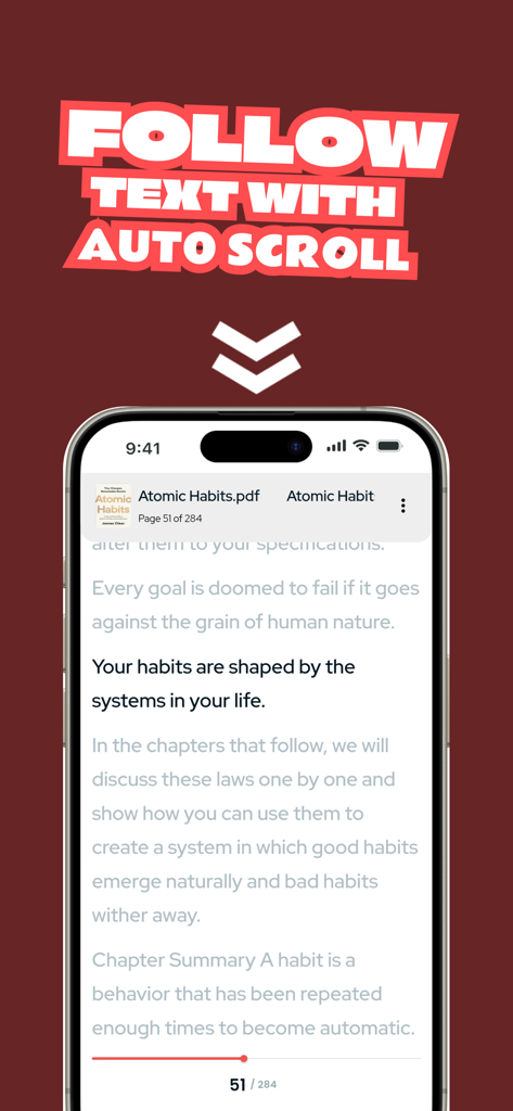 Readio Ai - PDF to Audio Book - Smartphone displaying auto scroll reading feature in Readio Ai app