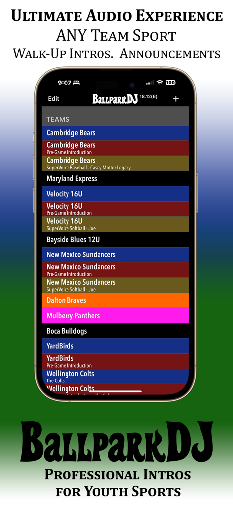 BallparkDJ app interface showing a list of youth sports teams with professional walk-up intros and announcements.