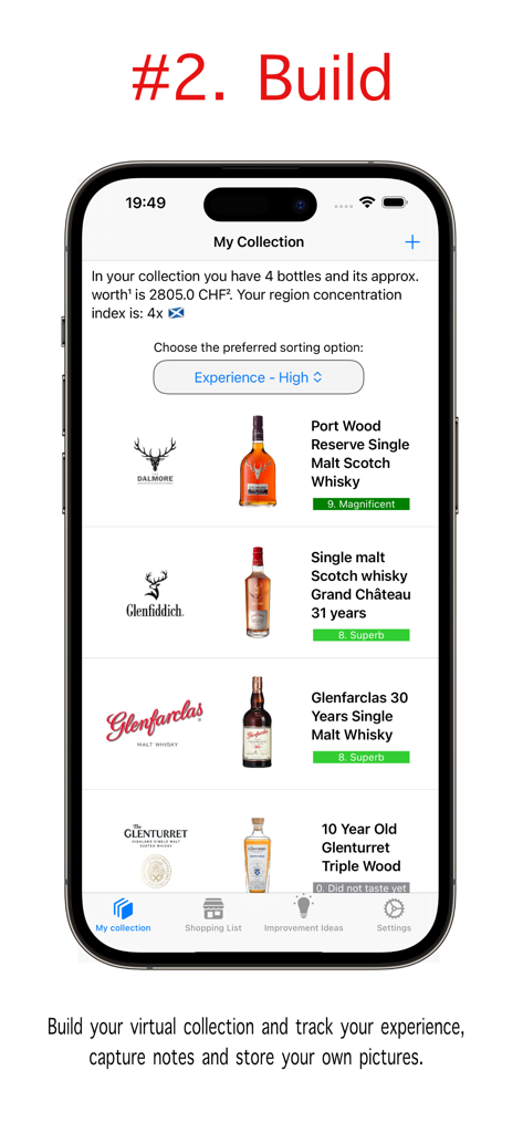 Whisky Bottle Tracker - Interface of the Whisky Bottle Tracker app showing a digital inventory of whisky bottles with ratings and collection value