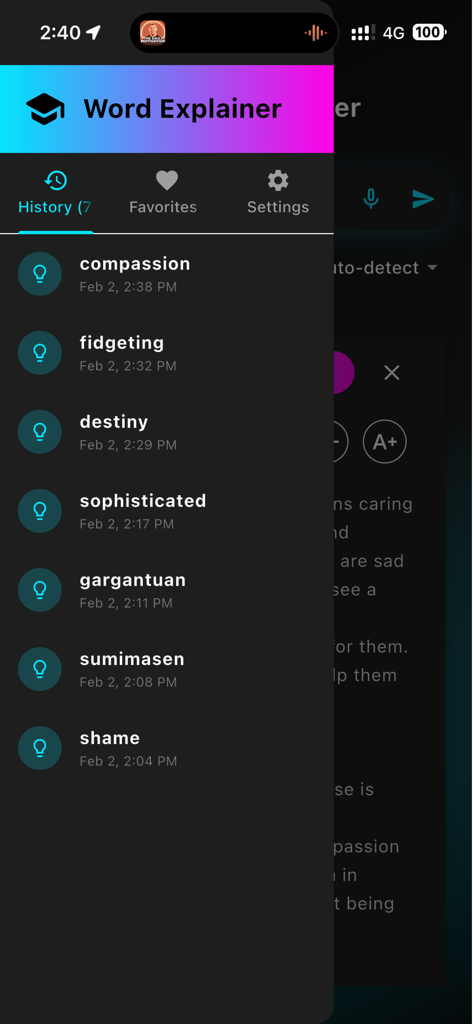 Word Explainer - Sidebar menu of the Word Explainer app displaying a list of recently searched words.