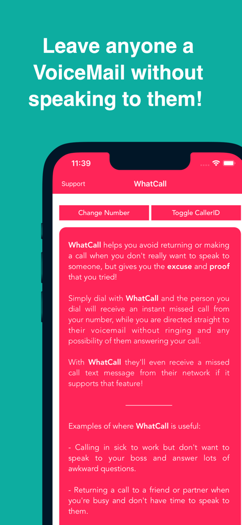 iPhone screen showing WhatCall app which allows users to leave voicemails directly without the phone ringing