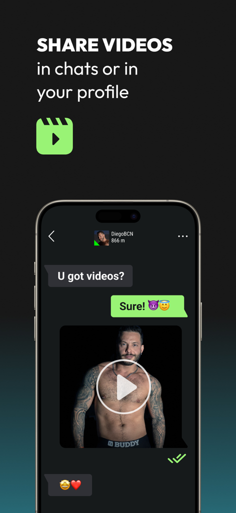 B.BUDDY App-Oberfläche zeigt einen privaten Chat mit Video-Sharing-Funktionen zwischen Benutzern.