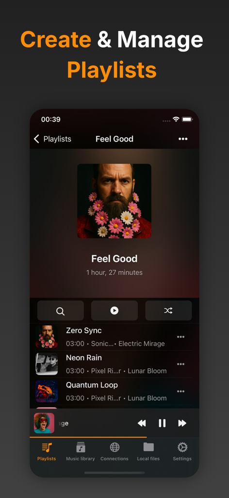 Flacbox: Hi-Res Music Player - Captura de pantalla de la interfaz de la aplicación Flacbox para crear y gestionar listas de reproducción de música en iOS