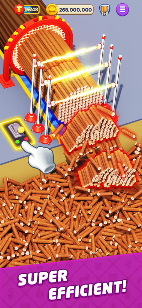 Top Tycoon gameplay showing efficient timber harvesting with laser cutters and log processing.