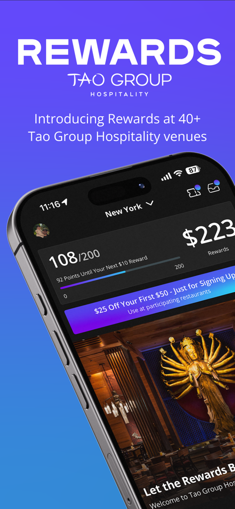 Smartphone screen displaying the Tao Group Hospitality Rewards loyalty program with points and rewards balance
