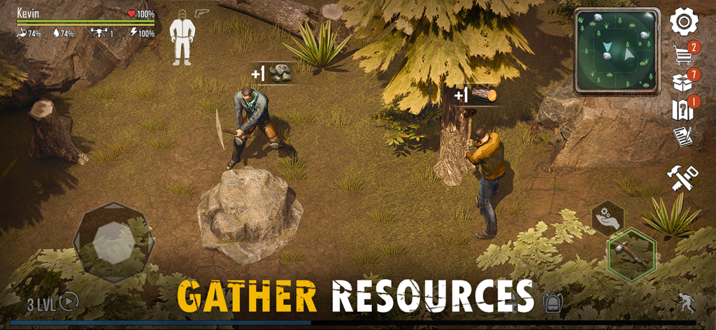 Live or Die 1: Zombie Survival - Des survivants extraient de la pierre et coupent du bois dans le jeu d'apocalypse zombie.