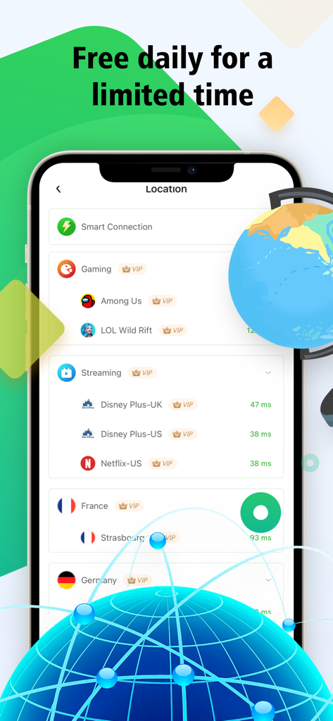 VPN - Super Fast & Secure VPN - Una interfaz móvil que muestra opciones de servidor VPN para juegos, streaming y ubicaciones internacionales como Francia y Alemania