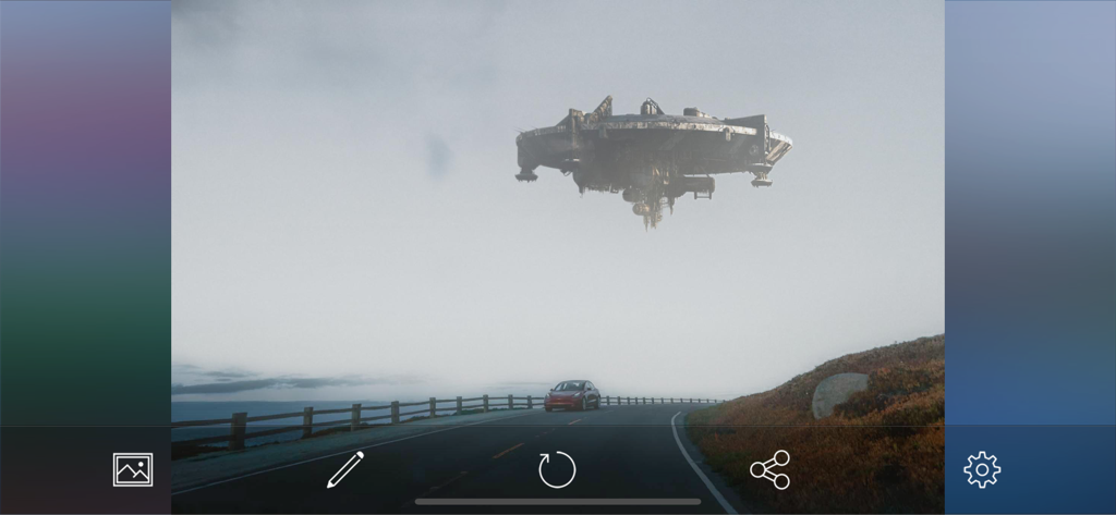 SkyAR - AI Change Photo Sky - A photo editing interface showing an AI sky replacement with a spaceship hovering over a road