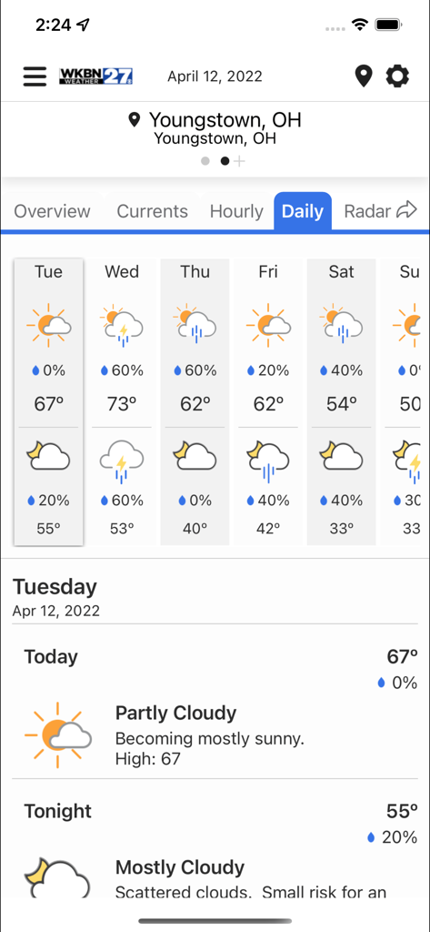 WKBN 27 Weather - Youngstown - WKBN 27 Weather app interface showing a daily 7-day weather forecast for Youngstown Ohio with temperatures and conditions.