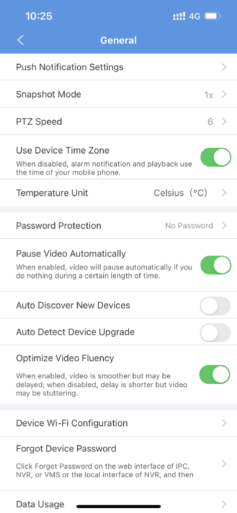 InVid Vision - General settings menu of the InVid Vision security app showing configuration options for notifications and video fluency.