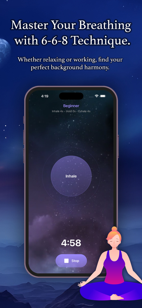 Tela do aplicativo Serenity Sleep mostrando a técnica de respiração 6-6-8 com um fundo calmante de noite estrelada e uma pessoa em pose de ioga.